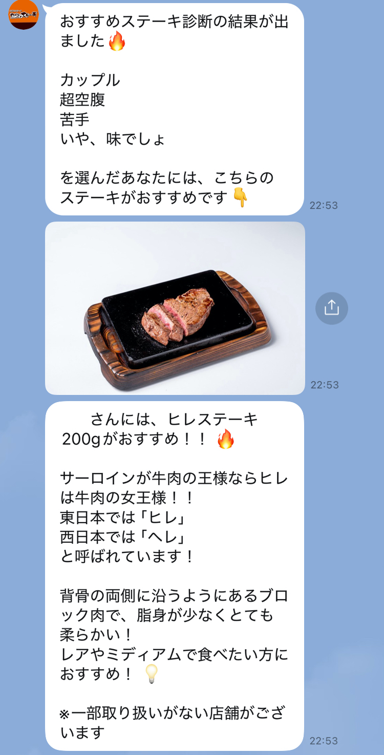 おすすめステーキ診断の結果画面