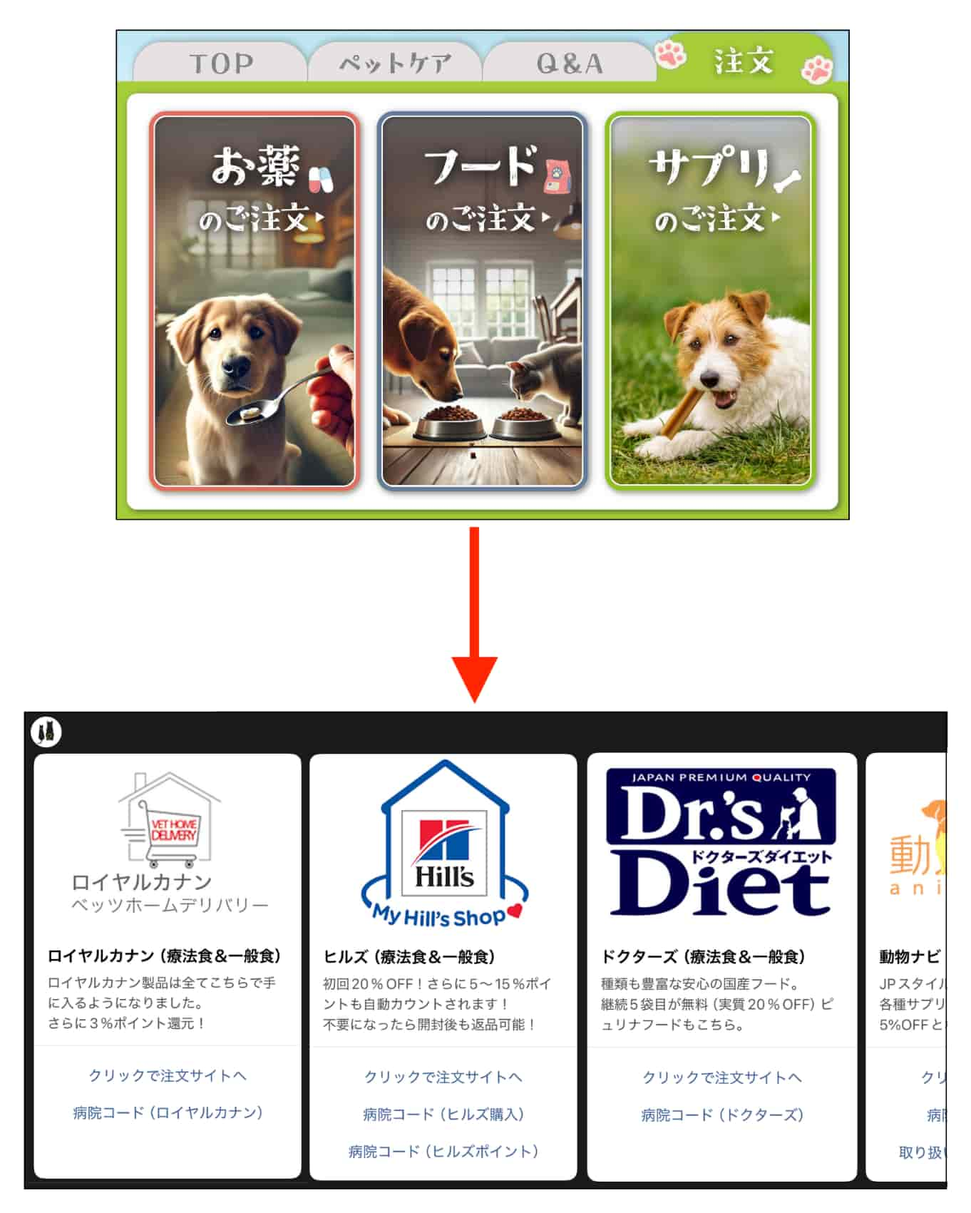 フード・お薬・サプリの注文導線画面