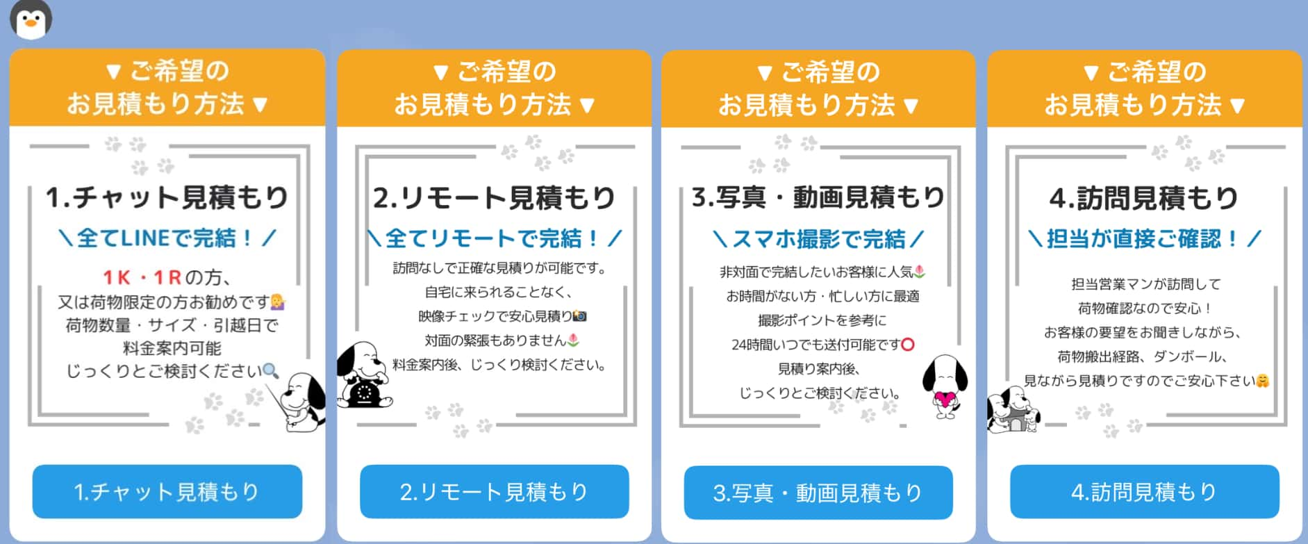 4種類のお見積もり方法の選択画面