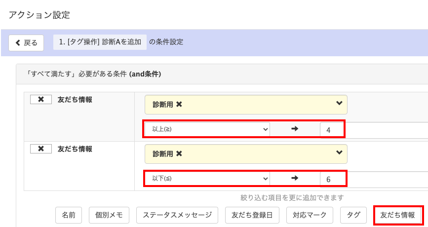 合計点により「診断A」のタグが付くためのアクション設定の画面