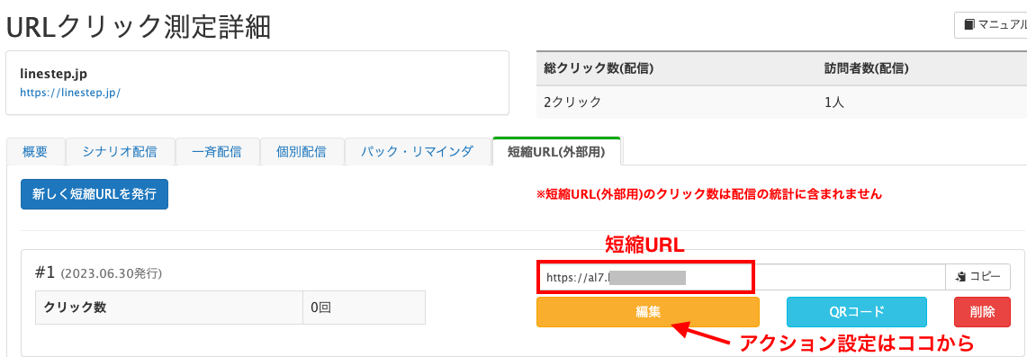 短縮URLとアクション設定の画面