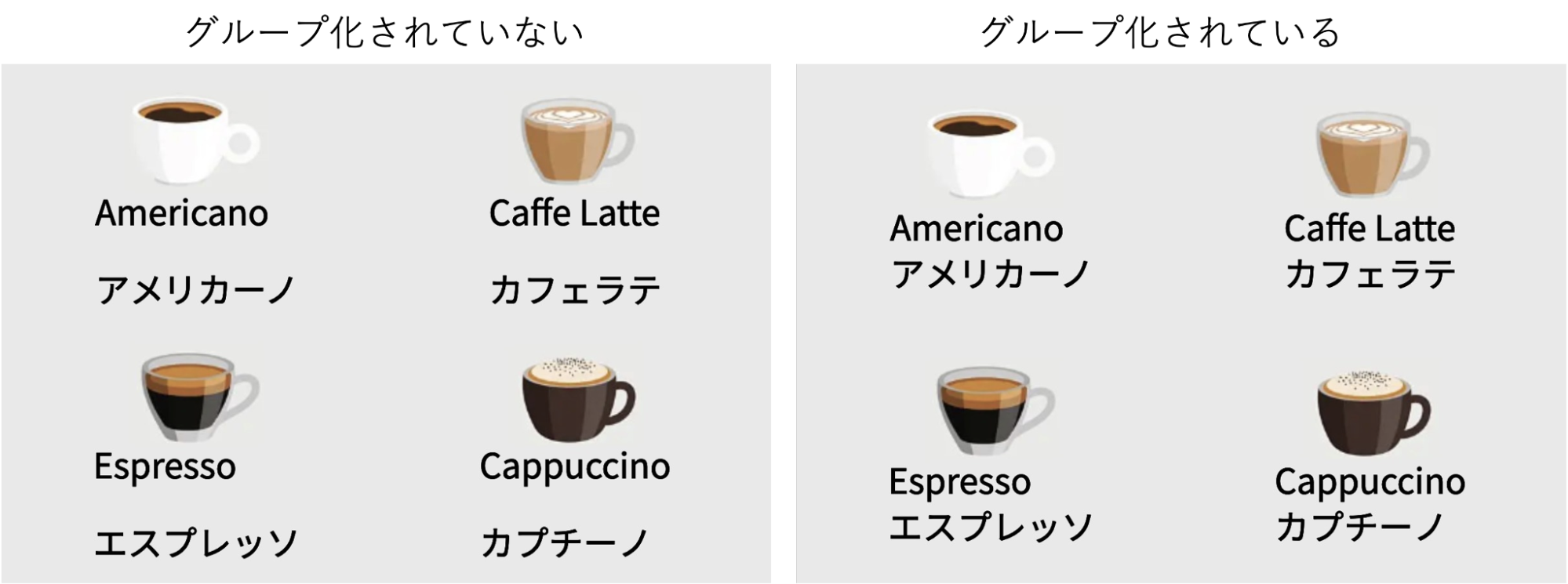 グループ化されている、されていないコーヒーの画面