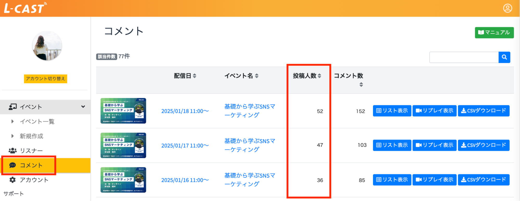 投稿人数が表示