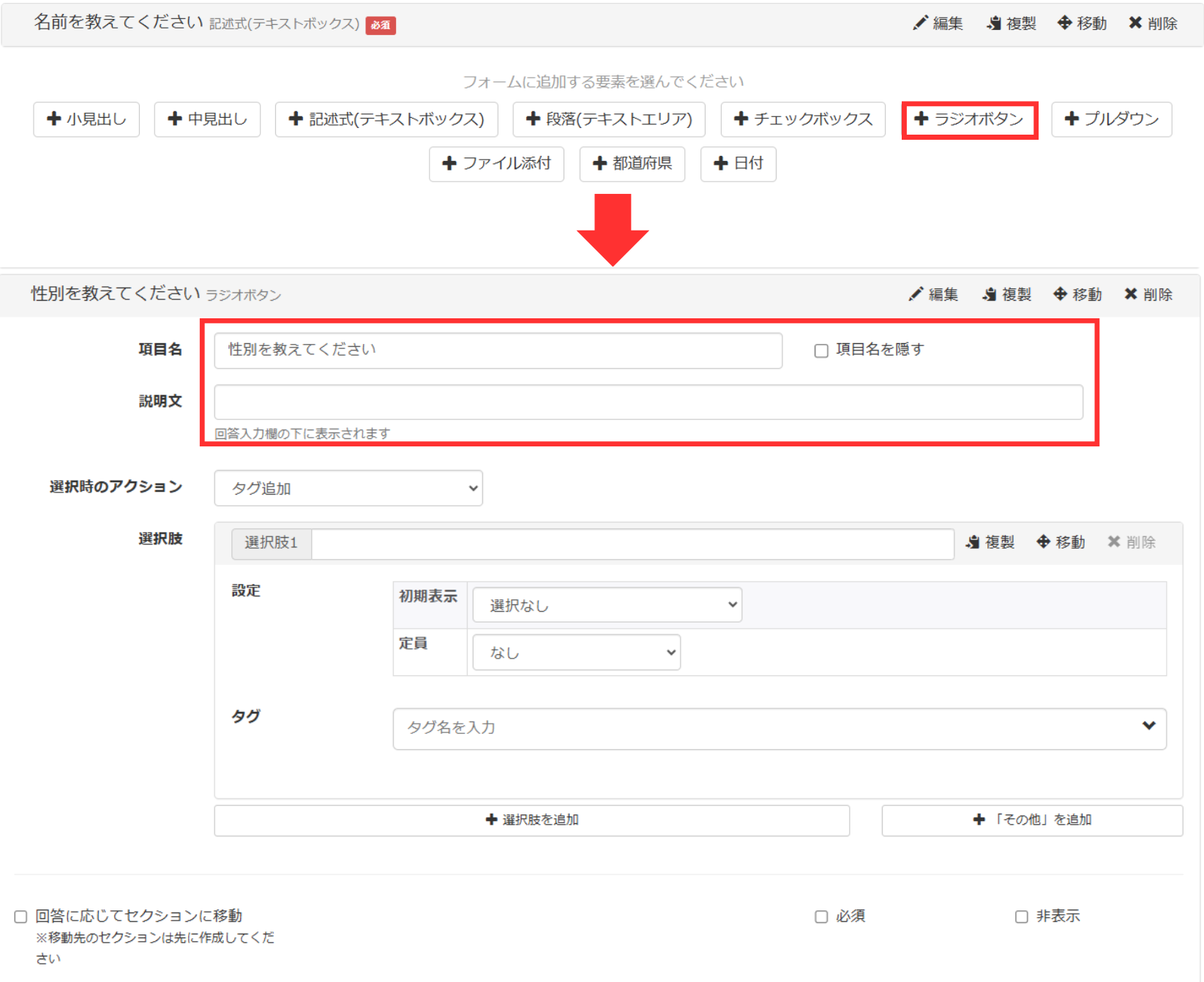 「+ラジオボタン」＞「項目名」