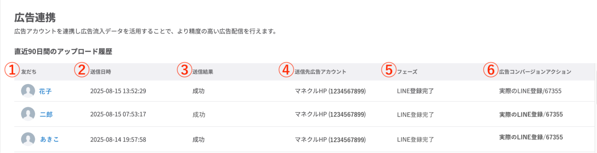 広告アカウントのコンバージョンアクションへのアップロード履歴