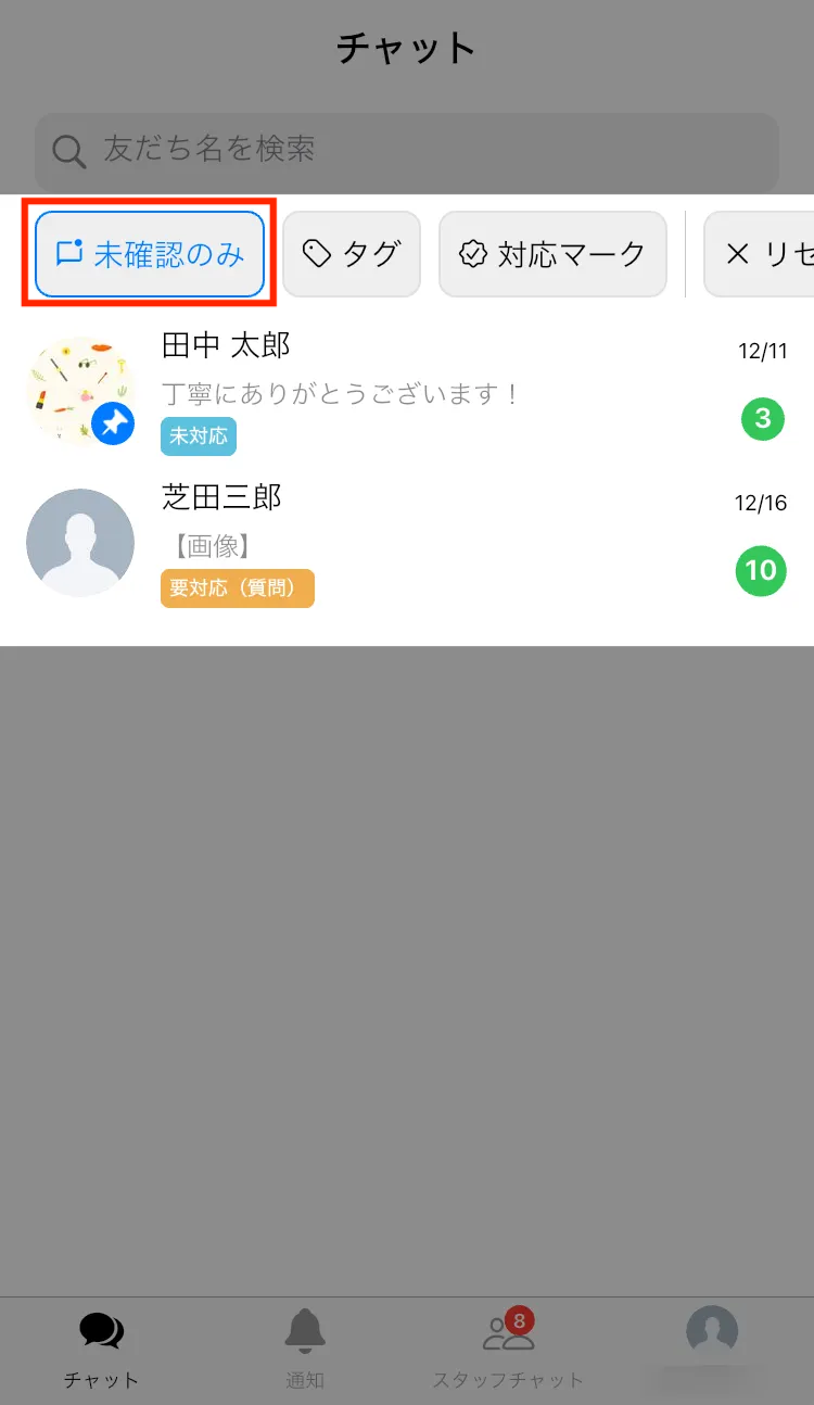 未確認メッセージのある友だちのみが表示