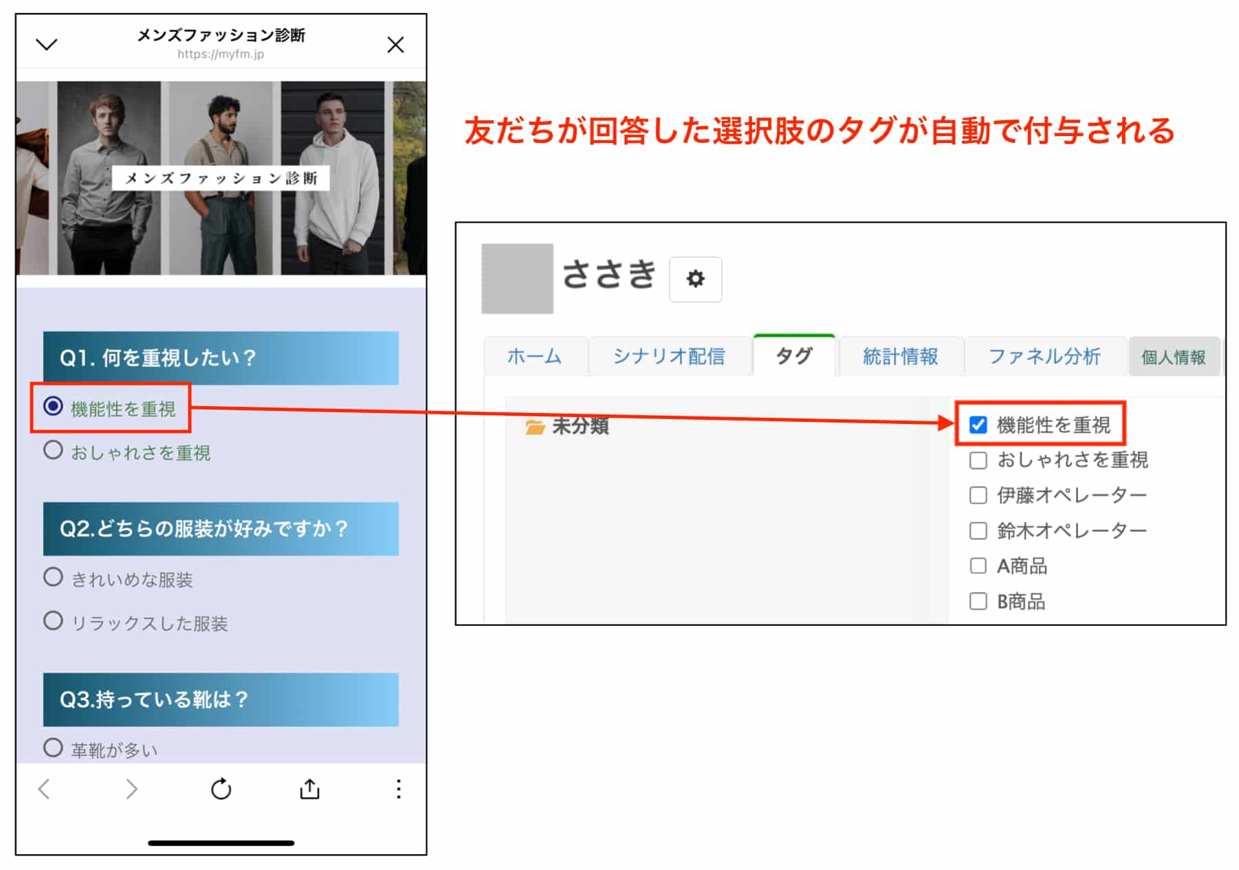 友だちが選択した回答のタグが自動で付与