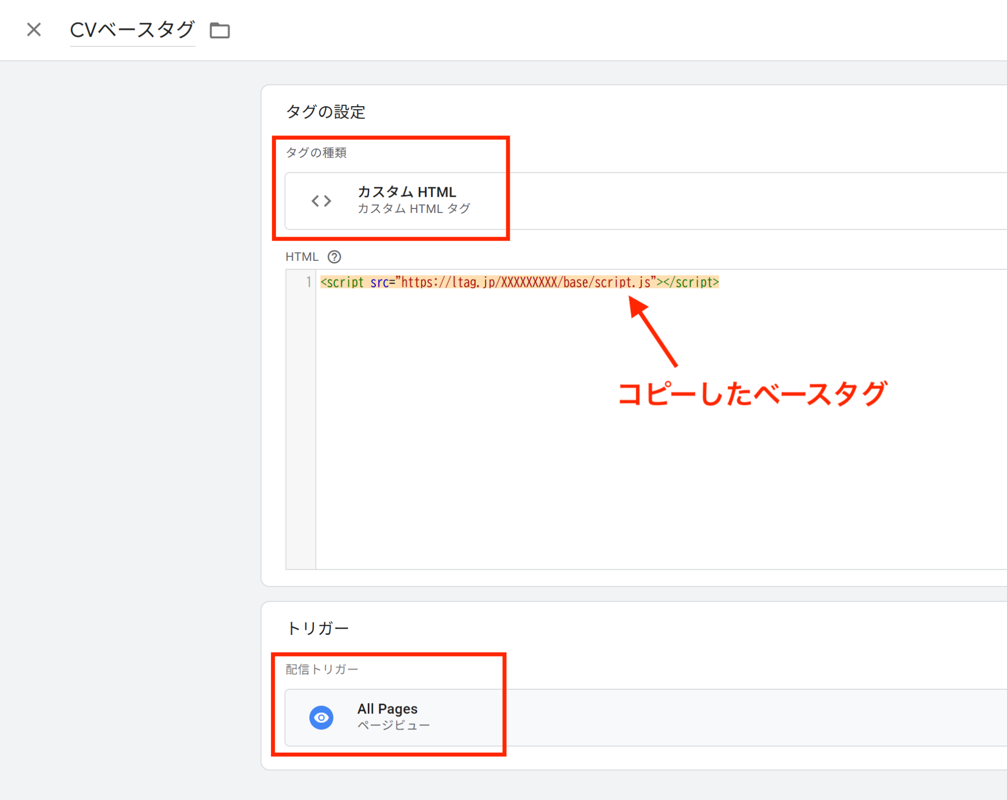 「カスタムHTML」トリガーは「All Pages」で設定