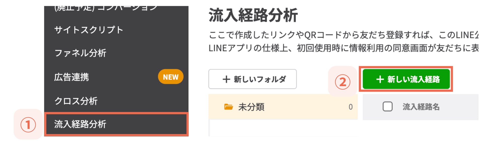 【②＋新しい流入経路】を選択