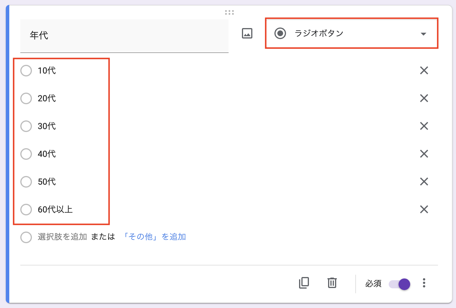 「選択肢」に年代を入力
