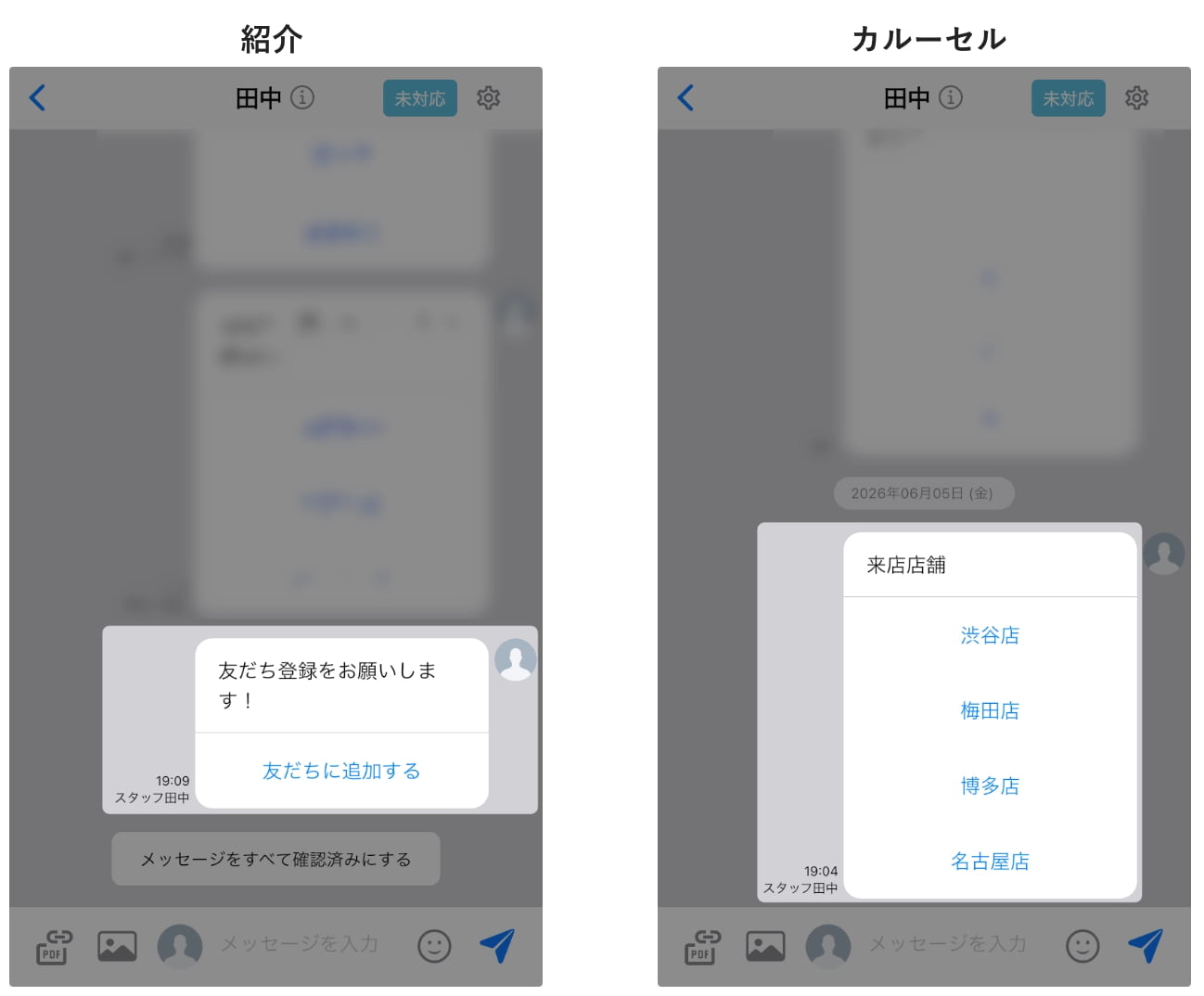 「紹介」「カルーセル」のメッセージを表示