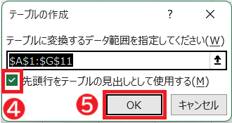 テーブル機能でデータベース化