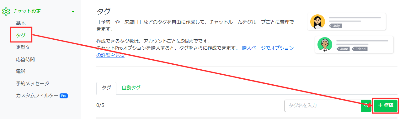 「タグ」を選択し、「＋作成」をクリック