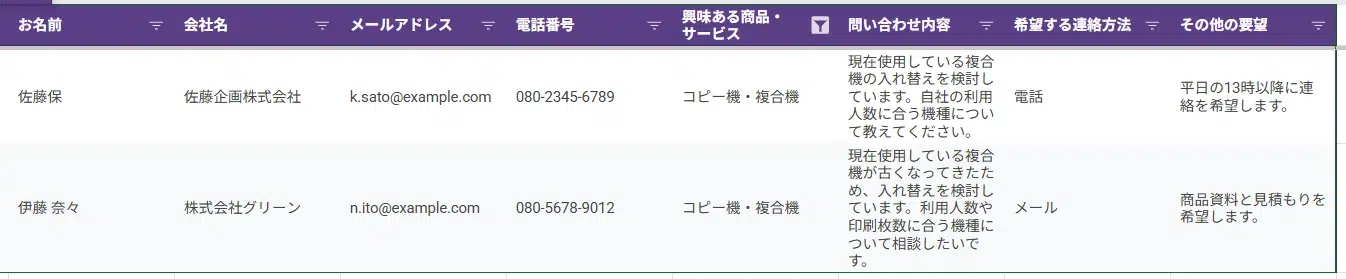 Googleスプレッドシートに保存された問い合わせ情報
