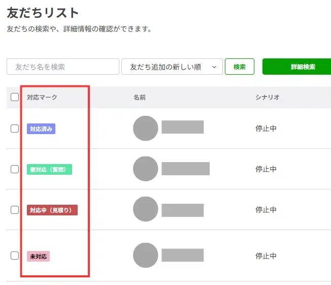 Lステップの対応マークを表示した友だちリスト画面