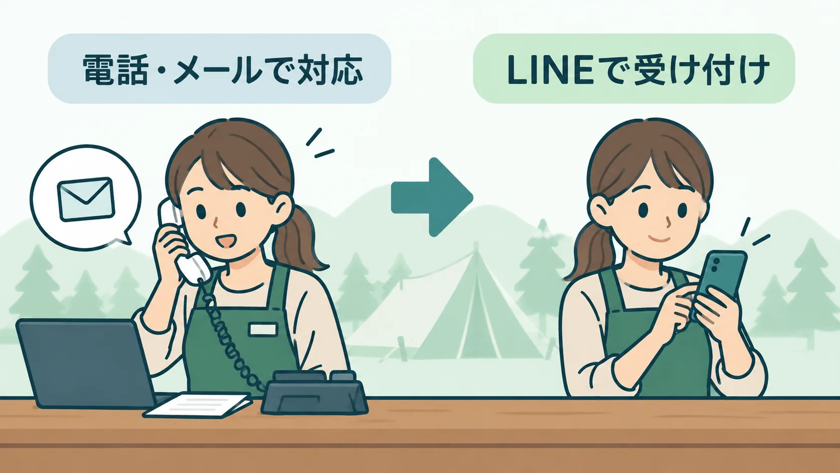 電話・メール対応からLINE受付へ切り替えるキャンプ場のスタッフ