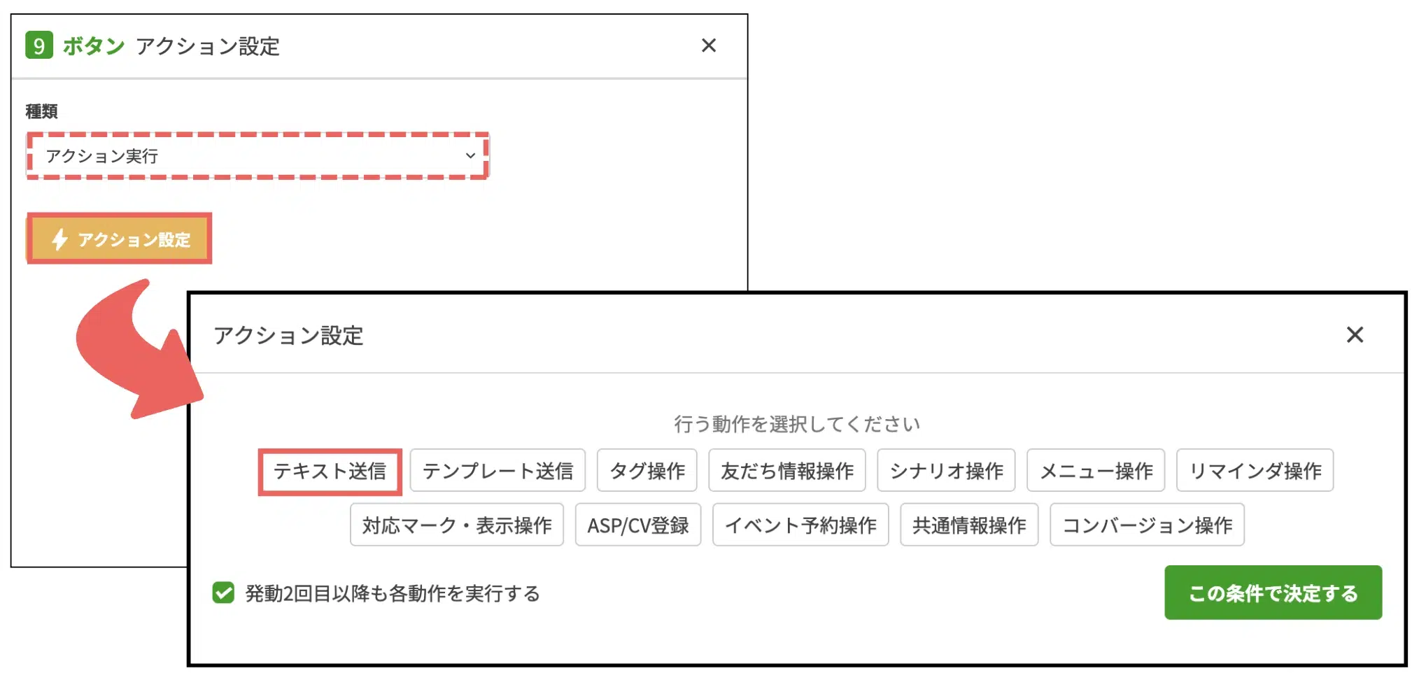 ポップアップが表示されたら「アクション実行」を選択したまま、【アクション設定】>【テキスト送信】をクリックするの画面