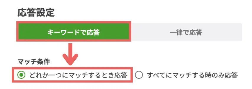 応答設定では【キーワードで応答】>「どれか一つにマッチするとき応答」を選択するの画面