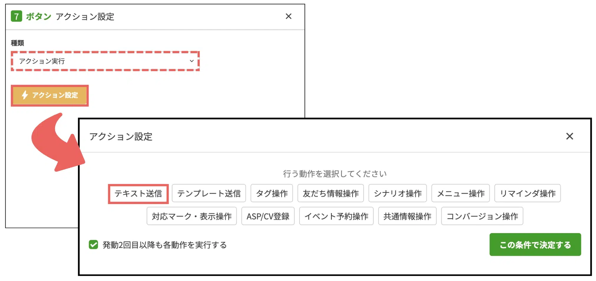 ポップアップが表示されたら「アクション実行」を選択したまま、【アクション設定】>【テキスト送信】をクリックするの画面