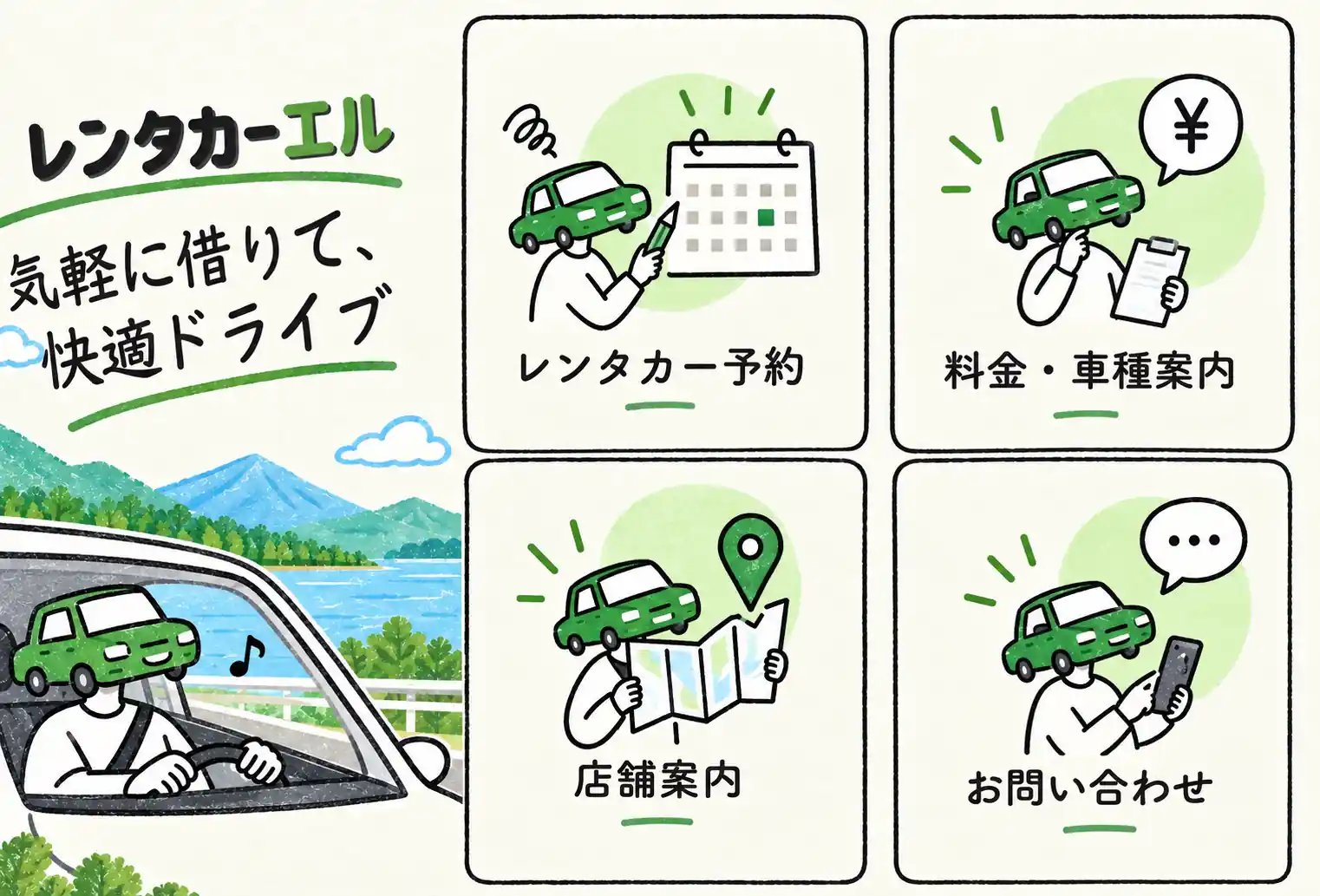 レンタカー予約・店舗情報・質問を案内する貸出前のリッチメニュー
